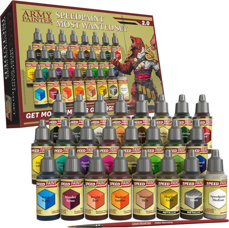 Das Army Painter Speedpaint Most Wanted Set 2.0 – Acrylfarben-Set erweitert um 24 Flaschen à 18 ml Farbspektrum aus dem Speedpaint-Starterset – inklusive 1 Grundlackpinsel für Miniaturmodellfarbe