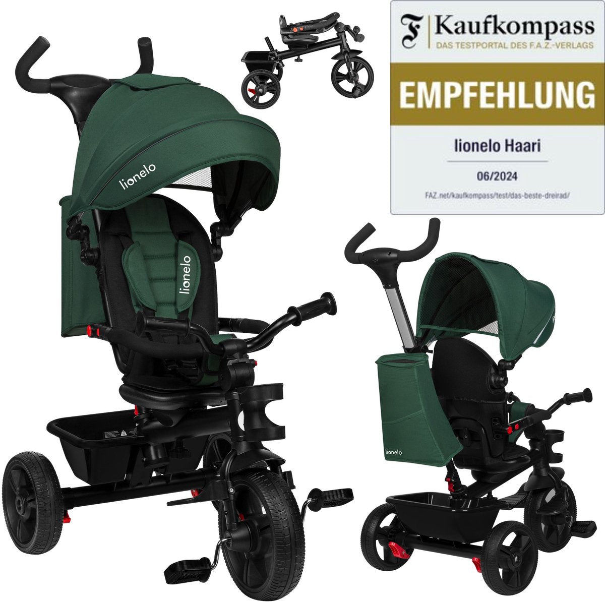 Lionelo haari – Dreirad – Getränkehalter – 2in1 – drehbarer Sitz – wartungsfreie Gummiräder – Freilauf – Schiebestange für Eltern – Markise – Korb und Tasche – Getränkehalter – wächst mit – von 18 Monaten bis 25 kg