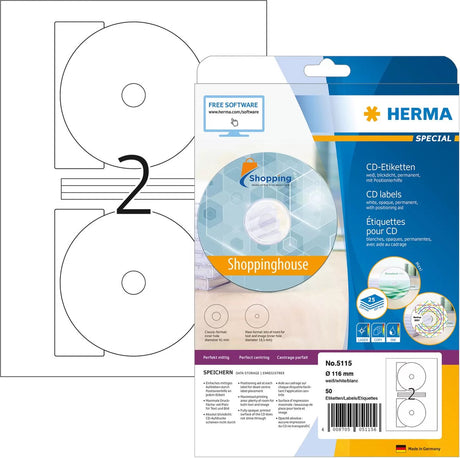 Herma 5115 CD-/DVD-Etikett ohne Marke, 116 mm, weiß, 50 Etiketten