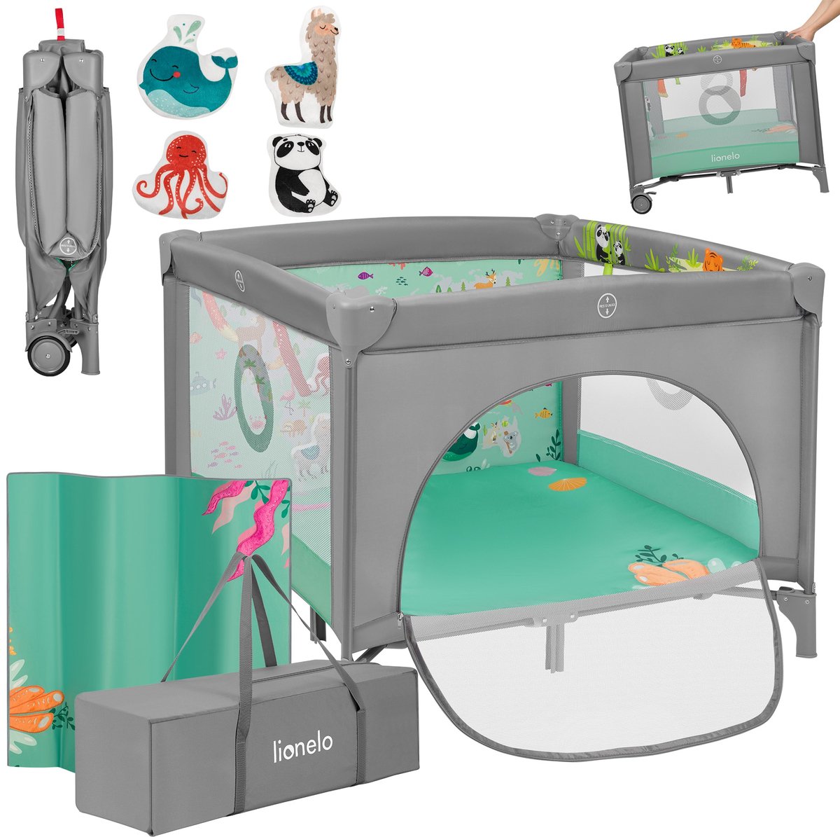 Lionelo Mille Plus Laufstall 0-36 Monate – Baby-Laufstall mit T25-Schaumstoffmatratze, Lernspielzeug, Griffe zum Stehenlernen, faltbares Mobile, Seitentür mit Reißverschluss – Spiel-Laufstall für Zuhause und auf Reisen