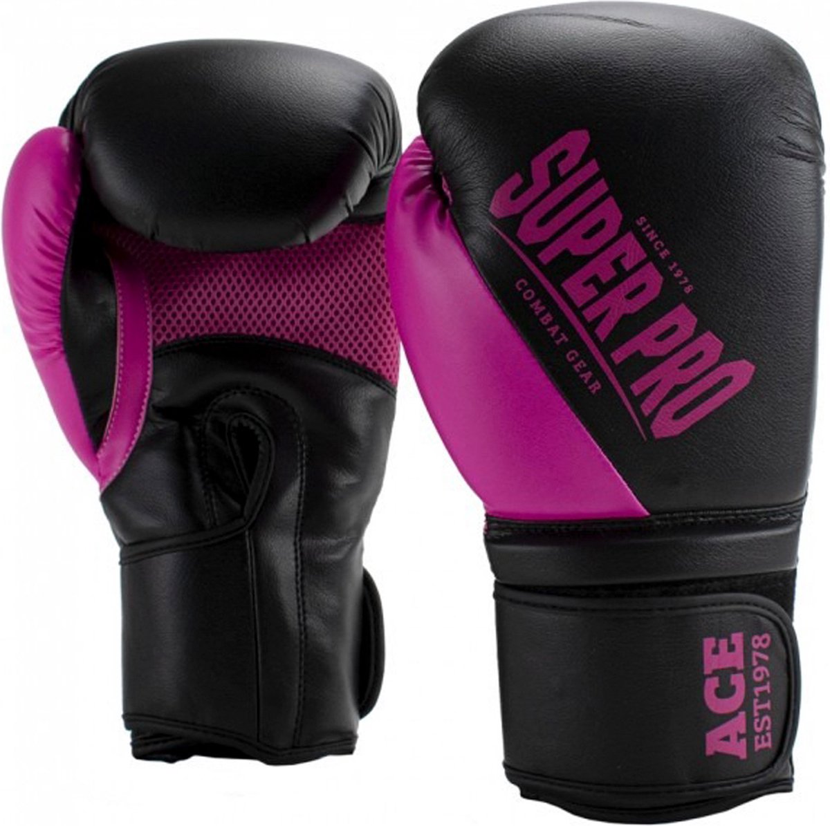 Super pro combat gear ace (kick)bokshandschoenen zwart roze 6oz