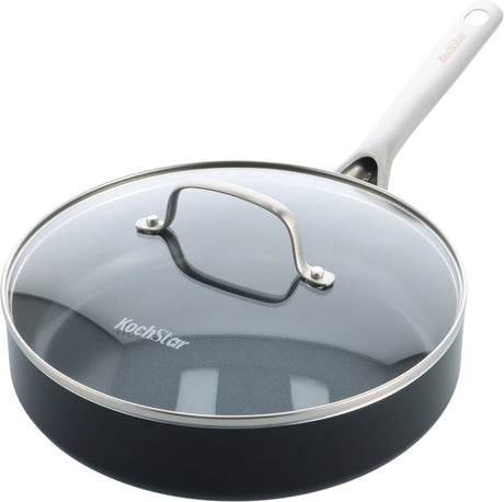 Kochstar Night Keramik-Bratpfanne – mit Deckel – 26 cm – 3,69 l – PFAS-frei – Induktions-Bratpfanne – Induktionspfanne – spülmaschinenfest – ofenfest bis 200 °C – Keramik-Antihaftbeschichtung – Edelstahlgriff – Edelstahlrand – Glasdeckel – schwarz