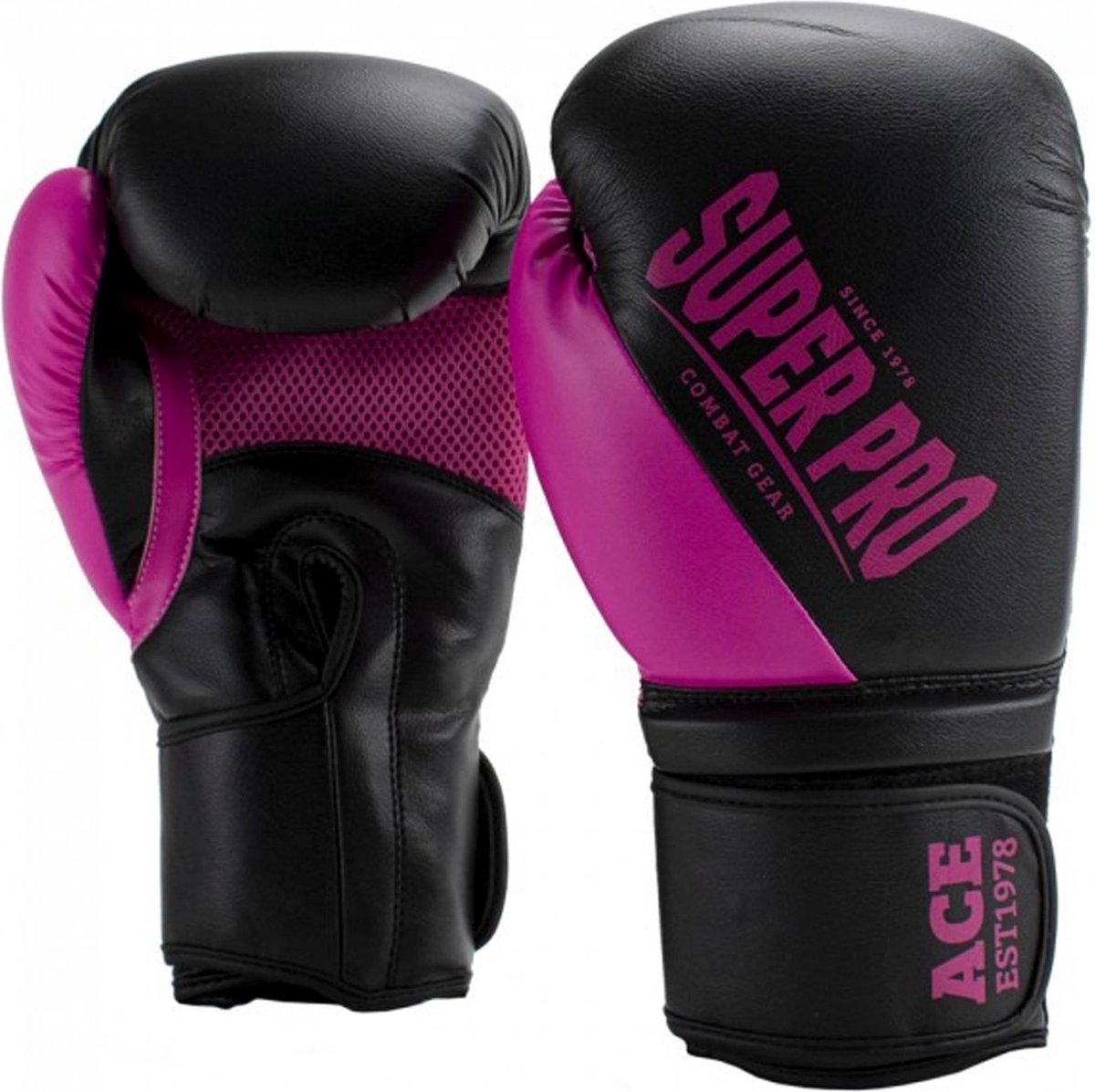 Super pro combat gear ace (kick)bokshandschoenen zwart roze 8oz