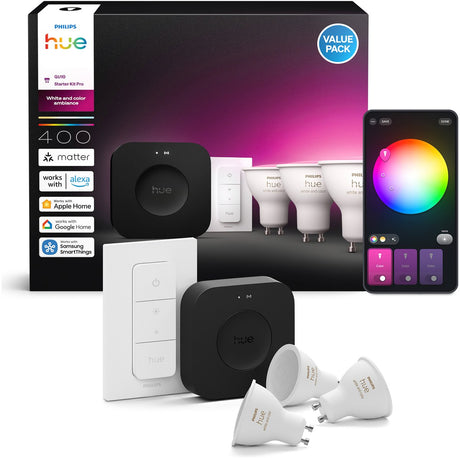 Philips hue starterkit - wit en gekleurd licht - 1 bridge pro - 3 lampen gu10 400 lumen - 1 dimmer switch