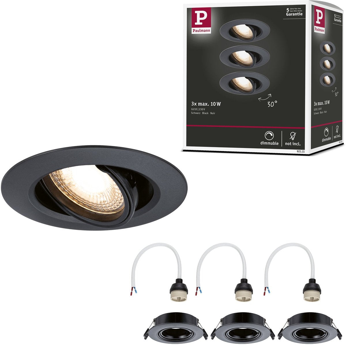 Paulmann Einbauleuchte 3er Set schwenkbar rund 90 mm 30° gu10 max. 3x10W 230V dimmbar schwarz