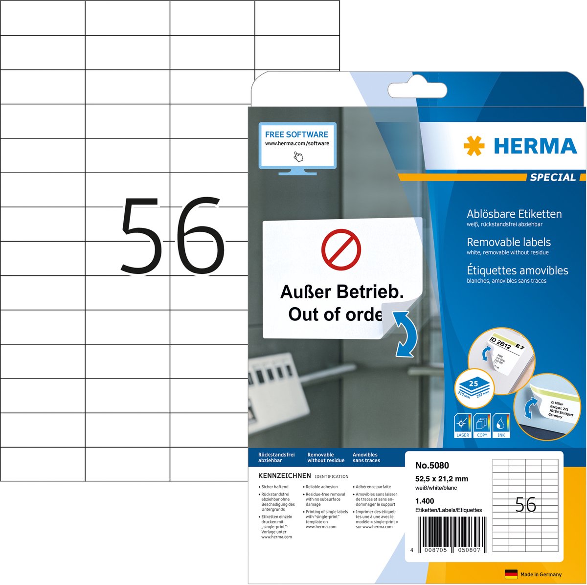 Herma-Etiketten ohne Markenzeichen, weiß, 52,5 x 21,2, abnehmbarer Superdruck, 1400 Stück.