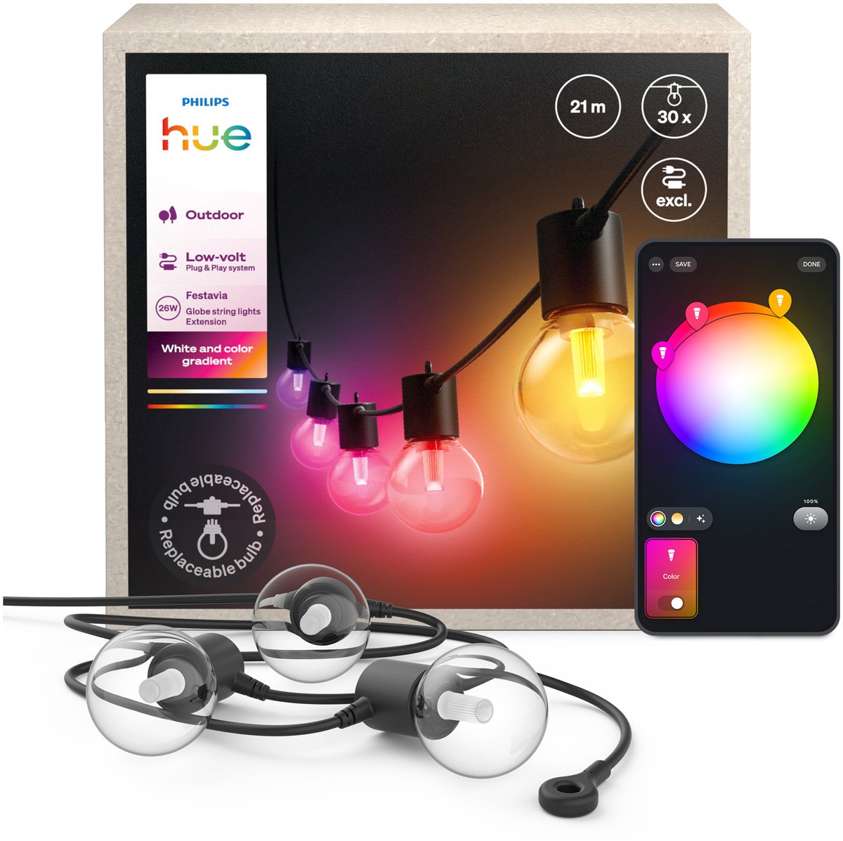 Philips hue festavia outdoor lichtsnoer met globe-lampen – 14 meter – 20 lampen - uitbreiding