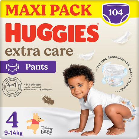 Huggies® Extra Care Babywindelhosen, Größe 4 (9 bis 14 kg), 104 Windeln mit weichem Gummibund und Disney-Motiven, Maxi-Packung