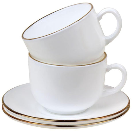 Kinghoff Tassen- und Untertassen-Set 12-teilig – Kaffeetassen aus weißem Opalglas mit Goldrand – 210 ml – Set für 6 Personen