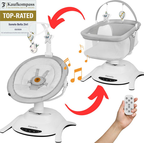Lionelo bella set 2in1 – wipstoel reiswieg – 360° draaibare zitting – elektrische 6 schommelstanden – 5 snelheden – rugleuning 3 posities – bewegingssensor – nachtmodus – 12 melodieën – bamboe kussen – afstandsbediening – wasbare hoezen – tot 9 kg