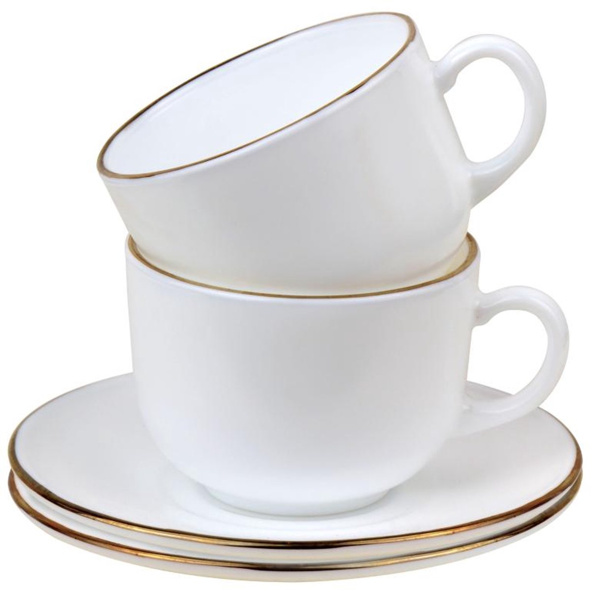 Kinghoff Tassen- und Untertassen-Set 12-teilig – Kaffeetassen aus weißem Opalglas mit Goldrand – 210 ml – Set für 6 Personen
