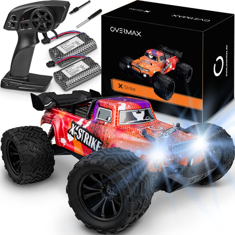 Overmax x-strike gesteuertes Auto – 30 km/h – 2 Batterien – 4x4 – 1:16 – Reichweite 100 m – LEDs – verstärkte Konstruktion – Offroad-Monstertruck – RC-Auto Erwachsene Kinder – ferngesteuertes Auto für draußen – Monstertruck