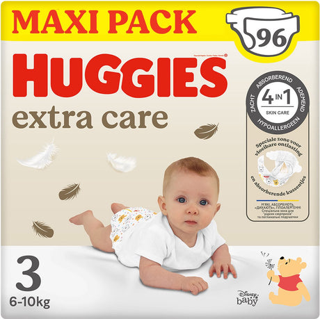 Huggies ® Extra Care Babywindeln, Größe 3 (6 bis 10 kg), 96 Windeln mit Feuchtigkeitsindikator und Disney-Motiven, Maxipack