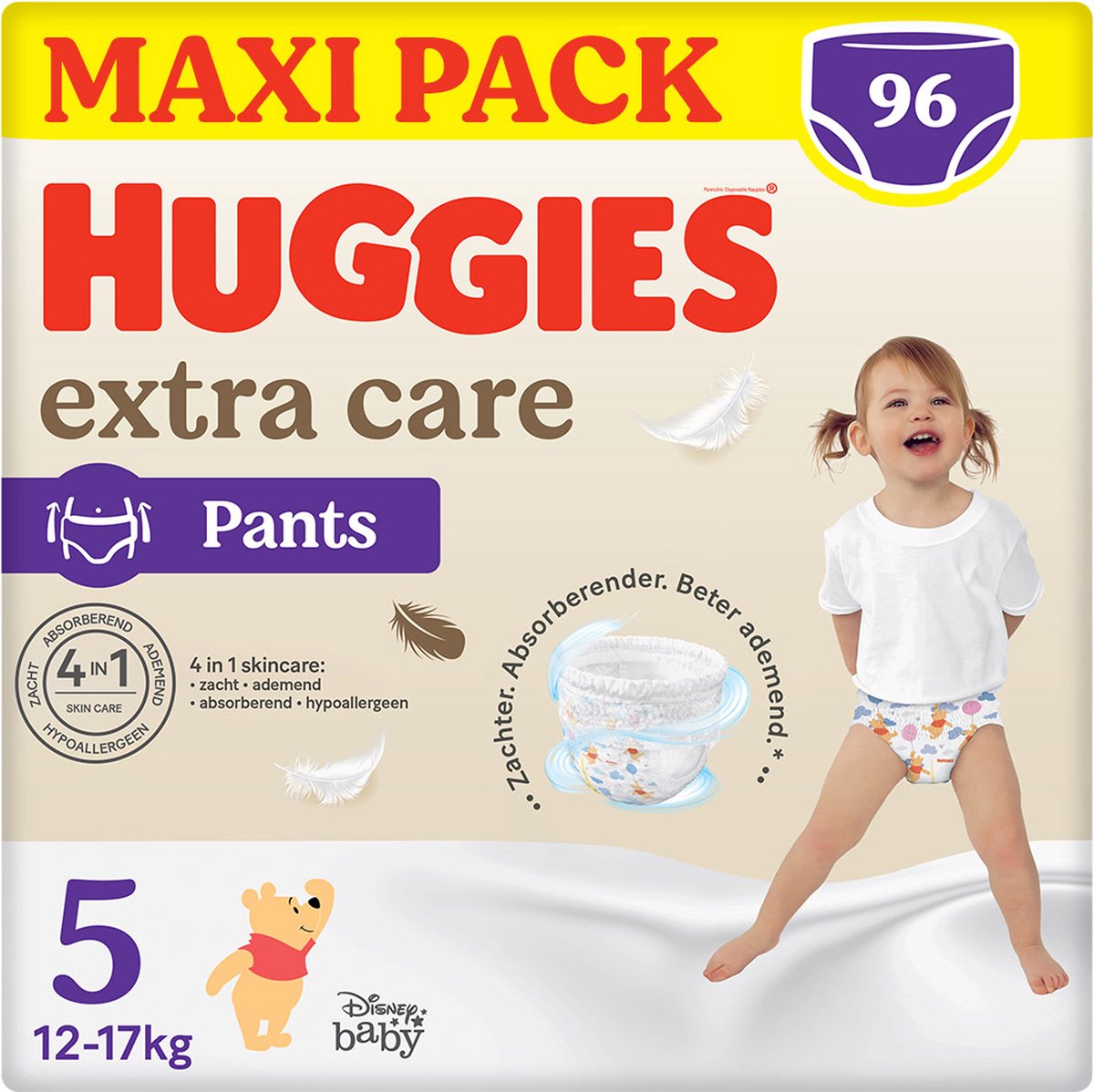 Huggies® Extra Care Babywindelhosen, Größe 5 (12 bis 17 kg), 96 Windeln mit weichem Gummibund und Disney-Motiven, Maxi-Packung