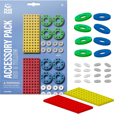 Plus-Plus Grundbauplatte gelb rot klein und Räder 26-teiliger Baukasten – 3966 – Bauspielzeug – Konstruktionsspielzeug – Set mit Bausteinen – ab 5 Jahren