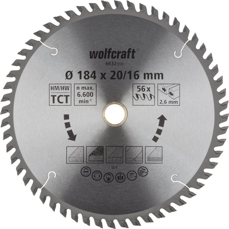 Wolfcraft - Kreissägeblatt 184 mm - 56 Zähne - 20 16 mm Bohrung - für Kreissäge - 6632000