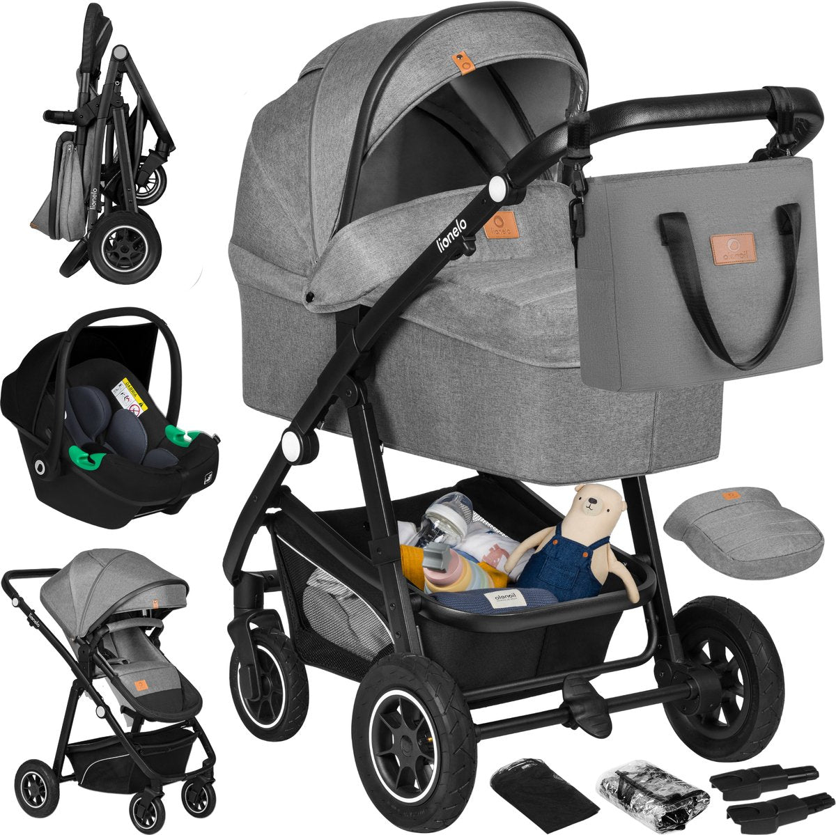 Lionelo Bianka Kinderwagen 3 in 1 – Babywanne + Kinderwagen + Autositz – große Luftreifen, Vollfederung – klappbar – verstellbare Schiebestange – Buggy-Wendesitz – 0–22 kg – Zubehörset – Grau