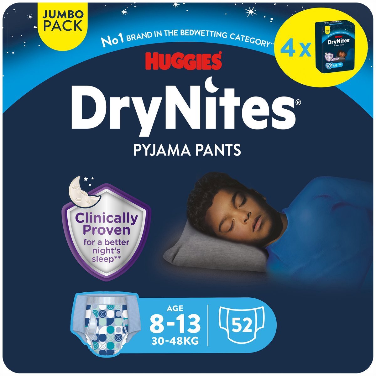 Drynites Huggies Windelhosen – Jungen – 8 bis 13 Jahre (30–48 kg) – 52 Nachthosen – extra Rabatt