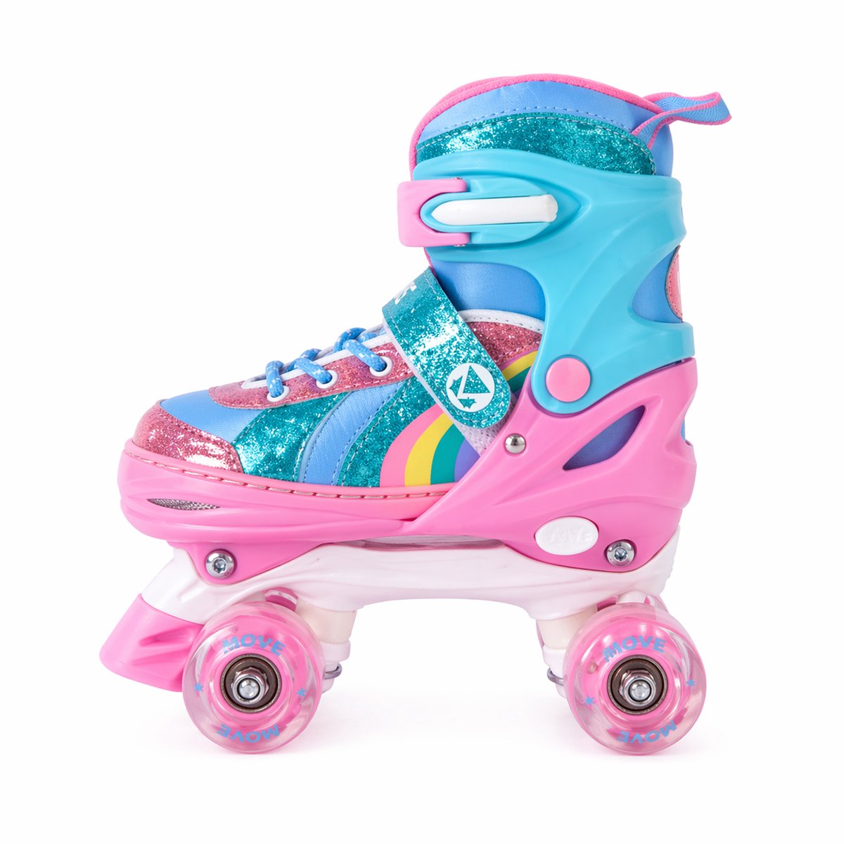 Rollschuhe bewegen – Quad Rainbow verstellbar M 34–37 – weiß rosa blau – leuchtende Räder – verstellbare Größe 34 bis 37
