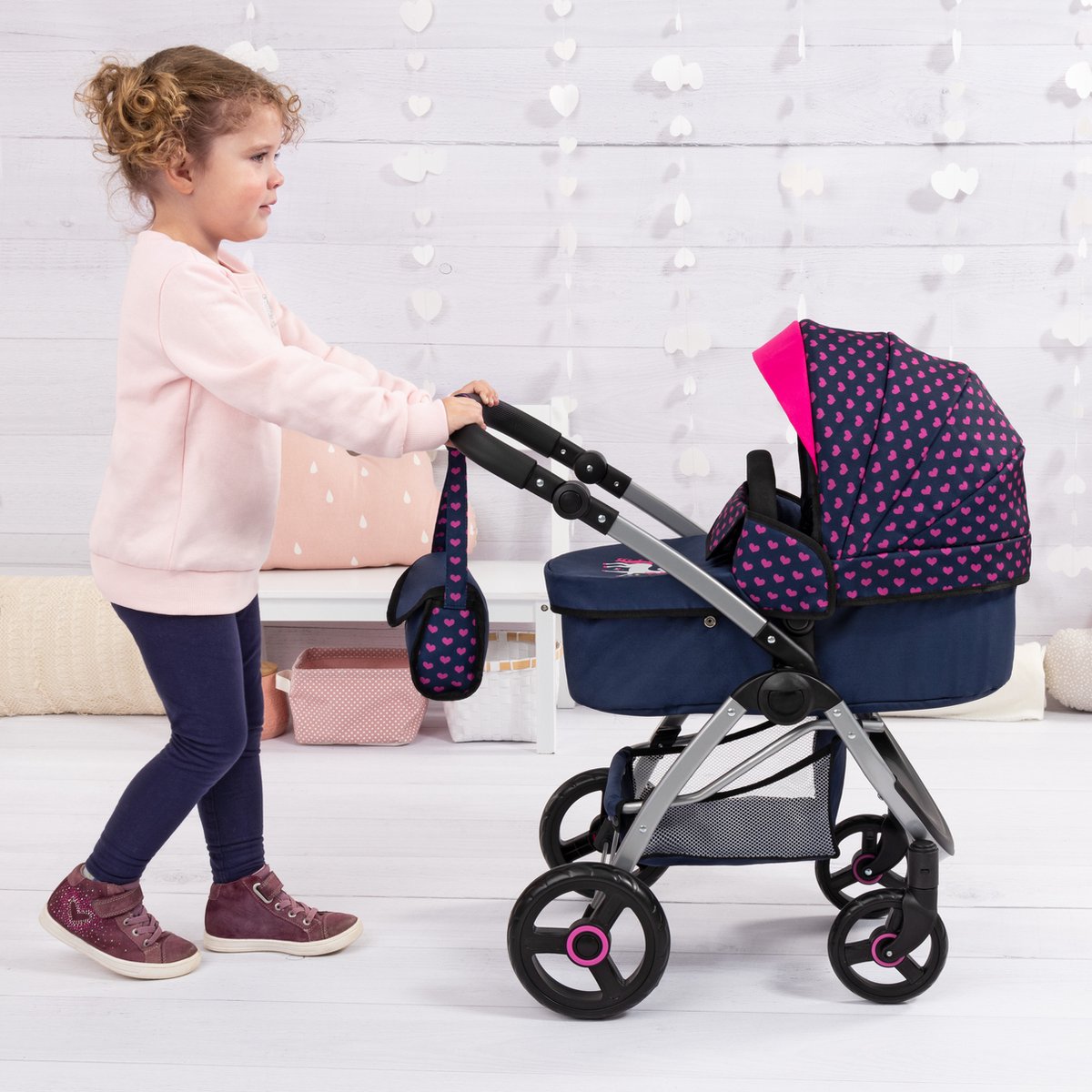 Bayer Design Puppenwagen City Max mit Tasche, höhenverstellbar, drehbare Räder vorne, umbaubar zum Buggy, integrierter Korb