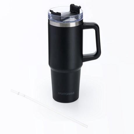 Muitomas Reisebecher – Reisebecher – doppelt isolierte Wand – praktischer Strohhalmgriff – 900 ml – Schwarz