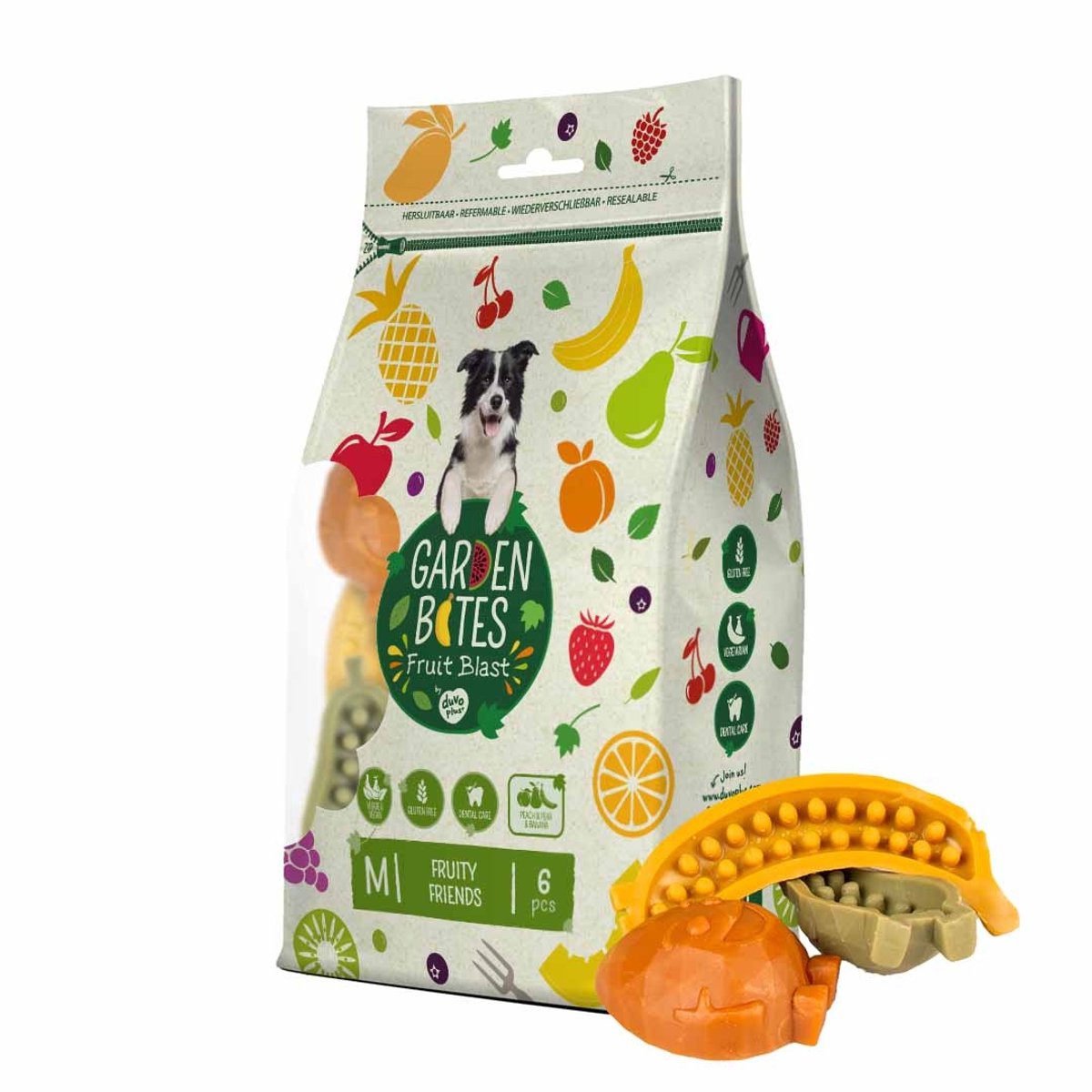 Garden Bites duvoplus – fruchtige Freunde Hundesnacks – Hundeleckerlis – vegetarisch, glutenfrei – mittelgroß, 6 Stück