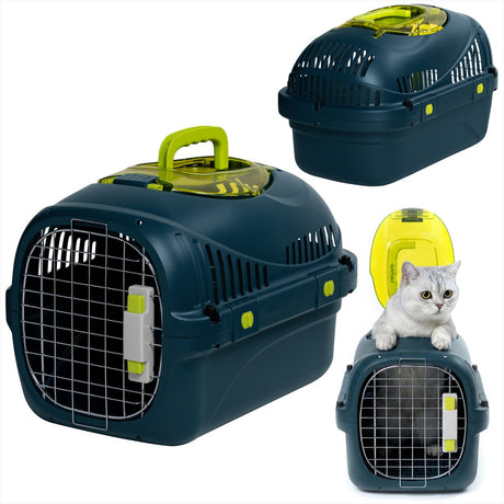 Peluvio Safy Katzentransportbox – Reisekorb – Tragetasche für Katzen bis 5 kg – leicht faltbar – stabiles PP-Gehäuse Metalltür – gute Belüftung – herausnehmbares Gitter, Wasser- und Futternapf – sicher und bequem unterwegs
