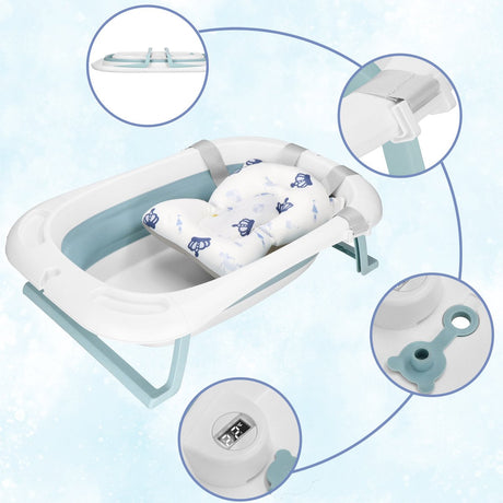 Springos faltbare Babybadewanne – faltbar – tragbar – mit Stopper – Thermometer – Kissen – bis 12 Monate – 35 l – blau – weiß – 82 x 52 x 22 cm