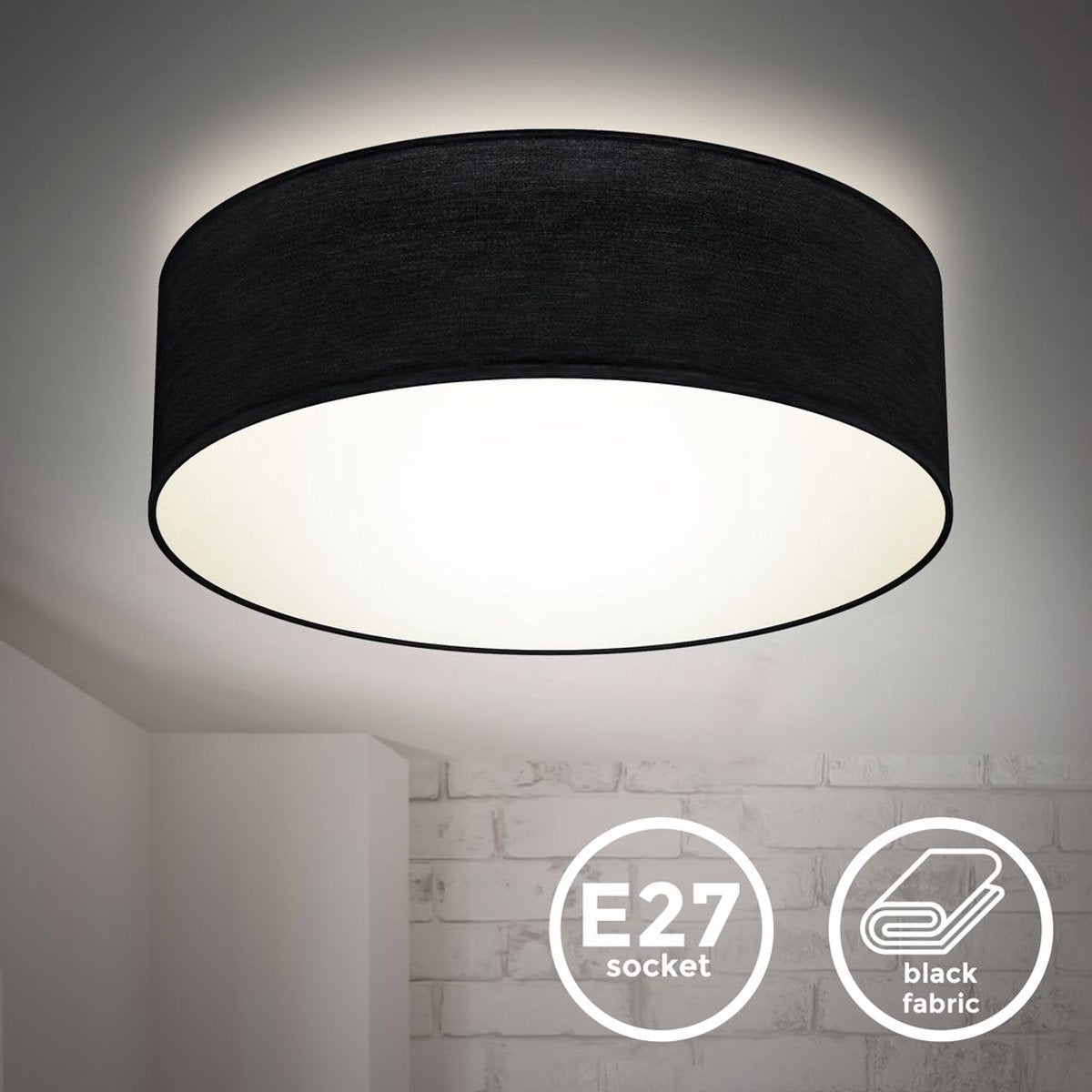 Briloner b.k.licht – Deckenleuchte – dekorative Wohnzimmerlampe aus Stoff – schwarz – E27-Fassung – rund – ø30 cm