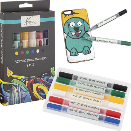 Nassau Fine Art professionelle Acrylmarker | 6 verschiedene Farben | Doppelmarker | geeignet für Steine – Schuhe – Glas – Kunststoff – Holz – Kleidung