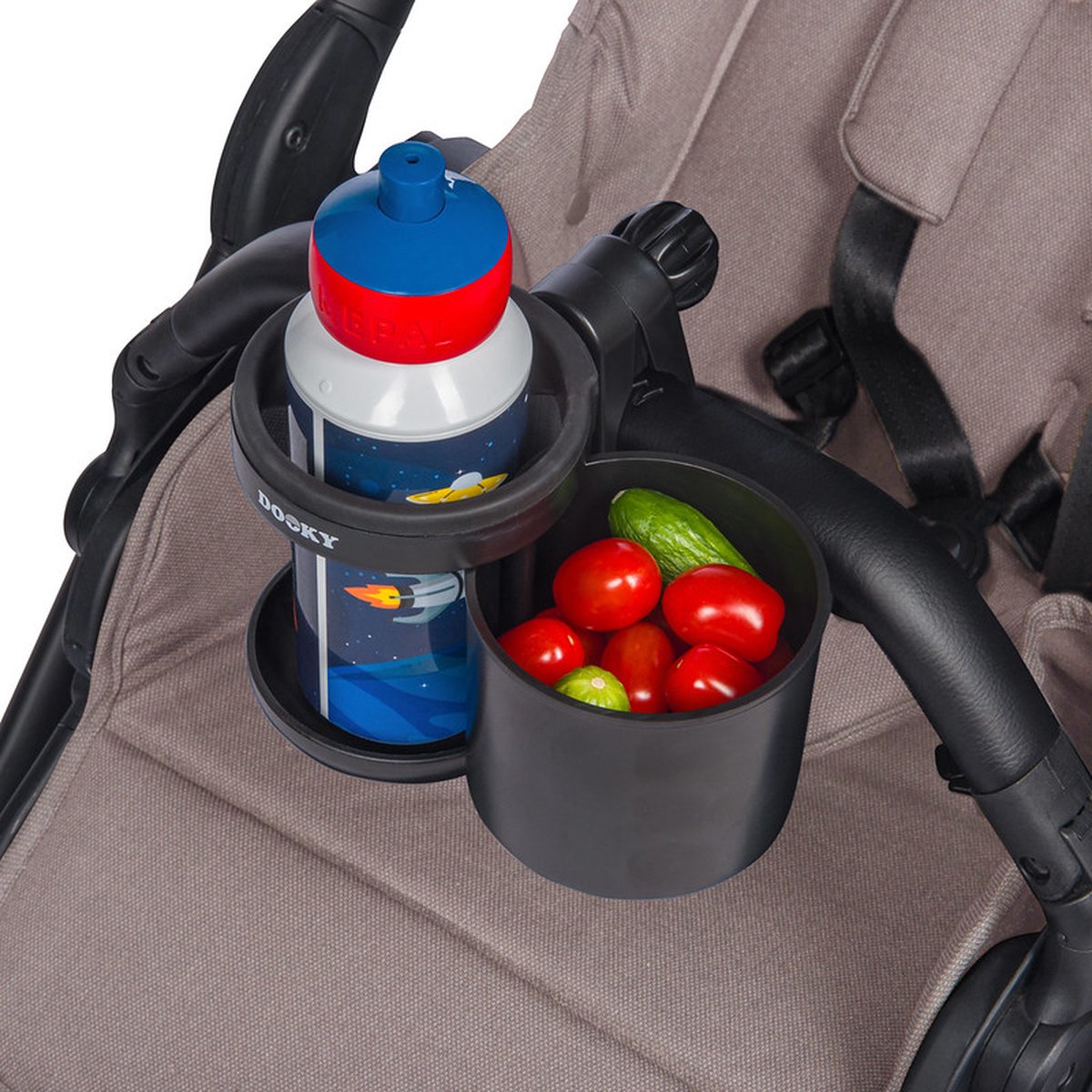 Dooky Becher- und Snackhalter – universeller Kinderwagenhalter für Bechersnacks – kompakt, praktisch und leicht zu reinigen