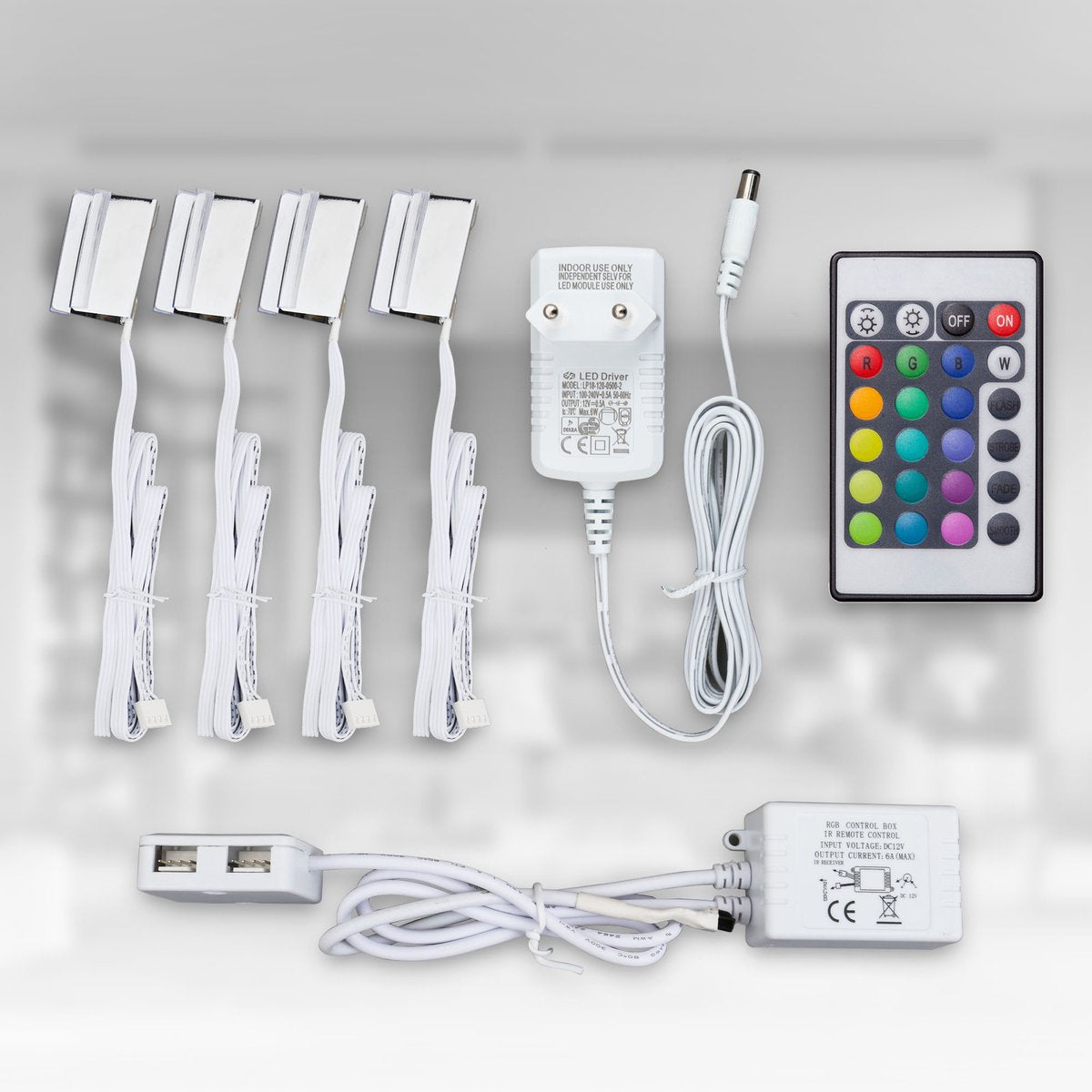 B.K. Leuchte - LED-RGB-Leuchte - Schrankbeleuchtung - Glasplattenklammern - Beleuchtung - 4-teiliges Set - mit Fernbedienung - LED-Streifen