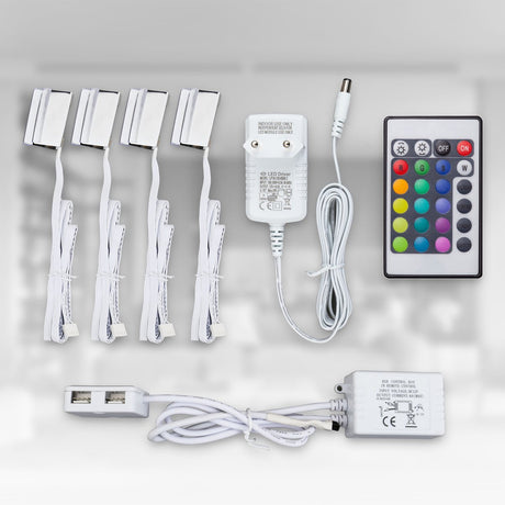 B.K. Leuchte - LED-RGB-Leuchte - Schrankbeleuchtung - Glasplattenklammern - Beleuchtung - 4-teiliges Set - mit Fernbedienung - LED-Streifen