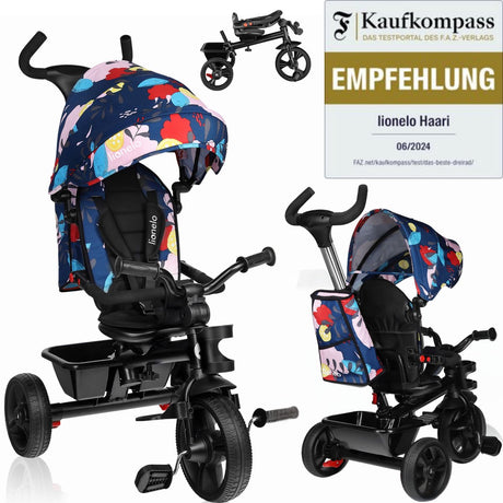 Lionelo haari – Dreirad – Getränkehalter – 2in1 – drehbarer Sitz – wartungsfreie Gummiräder – Freilauf – Schiebestange für Eltern – Markise – Korb und Tasche – Getränkehalter – wächst mit – von 18 Monaten bis 25 kg