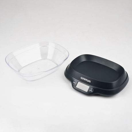 G3 Ferrari Ginny – digitale Küchenwaage mit Schüssel – max. 5 kg – LCD-Display mit Beleuchtung – Tara-Funktion – g lb:oz – Abschaltautomatik – Schwarz