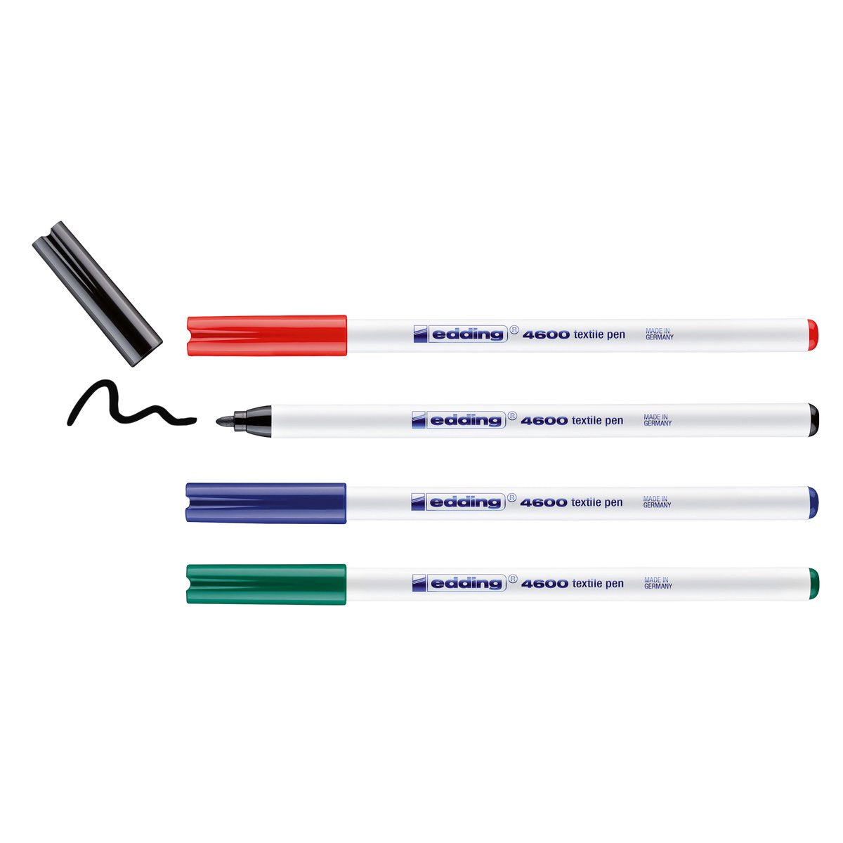 Edding 4600 Textilmarker – Schwarz, Rot, Blau, Grün – Rundspitze 1 mm – 4 Marker – Kleidung dekorieren – Textilmarker maschinenwaschbar (60°C) zum Zeichnen auf Textilien – maschinenwaschbar nach dem Bügeln