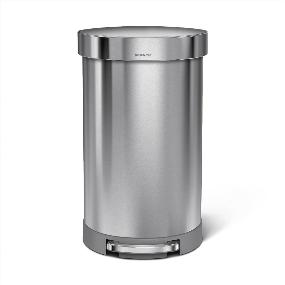 Halbrunder Treteimer von Simplehuman – 45 Liter – mit Taschenrand – gebürsteter Edelstahl