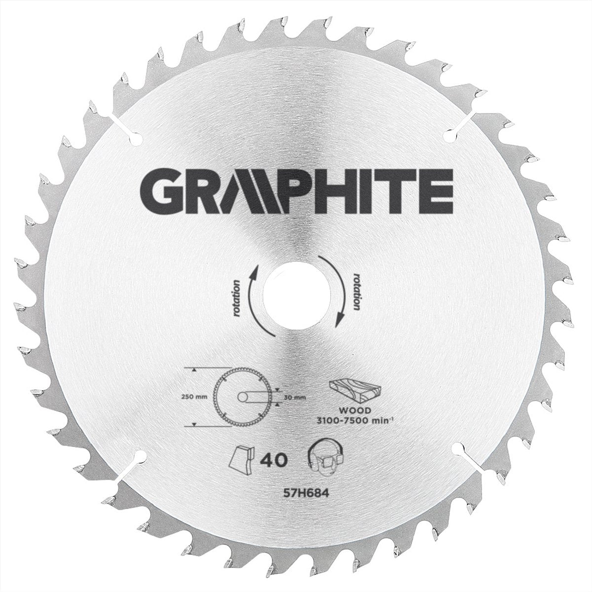 Graphit-Kreissägeblatt für Holz 250 mm, Bohrung 30 mm, Zähne 40, Stärke 3,2, Unterlegscheiben 16 20 25, TCT