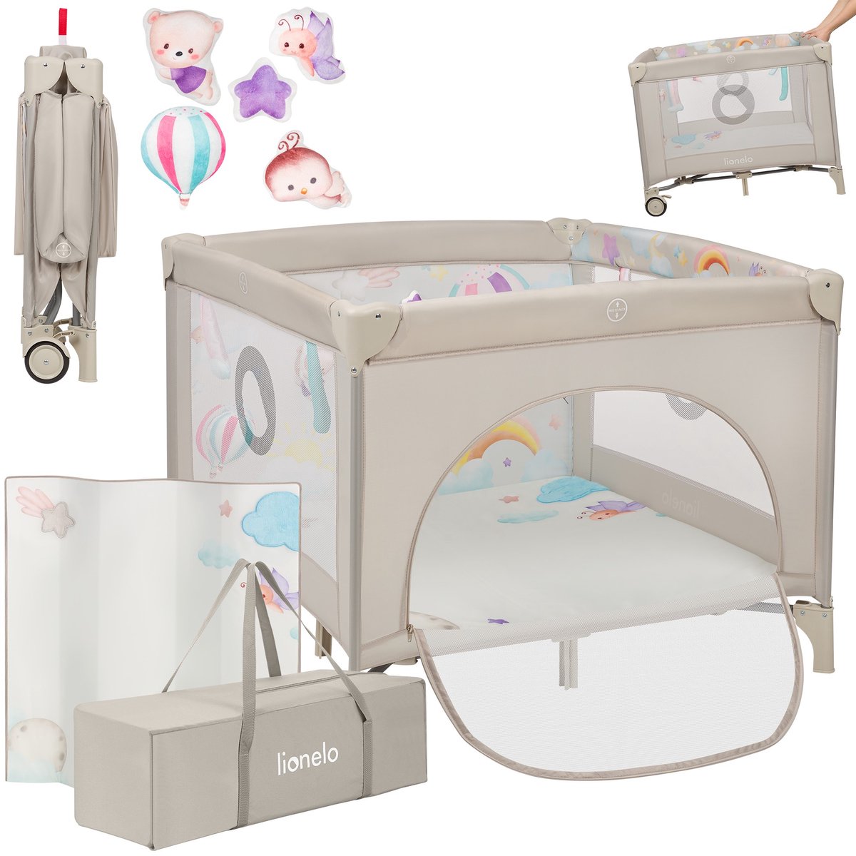 Lionelo Mille Plus Laufstall 0-36 Monate – Baby-Laufstall mit T25-Schaumstoffmatratze, Lernspielzeug, Griffe zum Stehenlernen, faltbares Mobile, Seitentür mit Reißverschluss – Spiel-Laufstall für Zuhause und auf Reisen