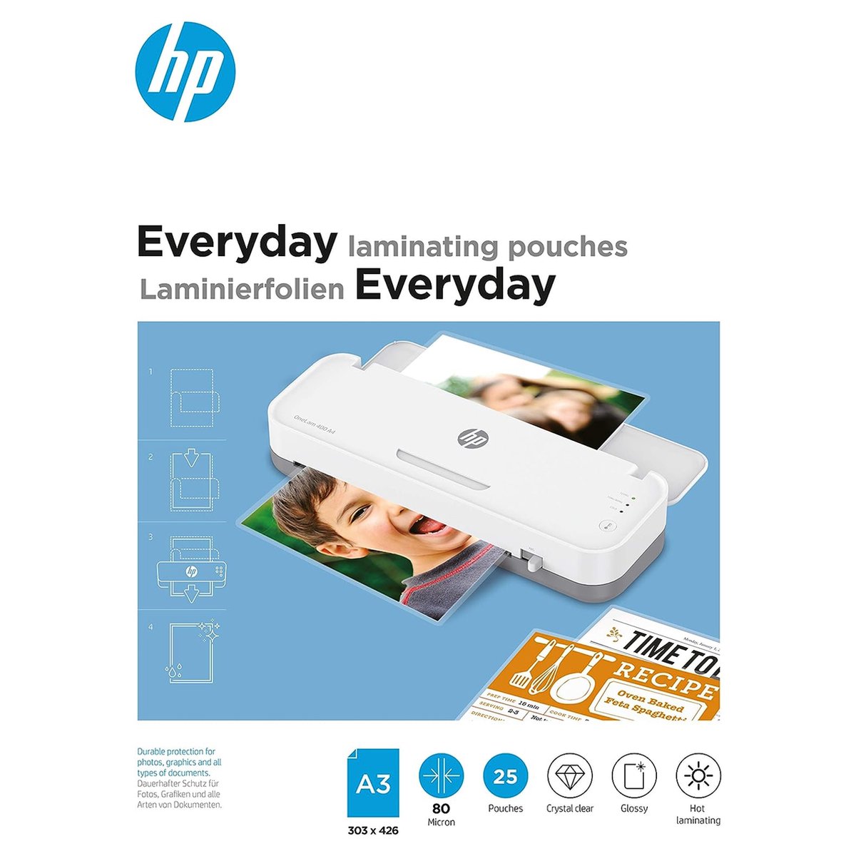 HP 9152 Alltags-Laminierfolien A3 – Laminierfolien zum Heißlaminieren – transparent – 80 Mikron – 25 Stück