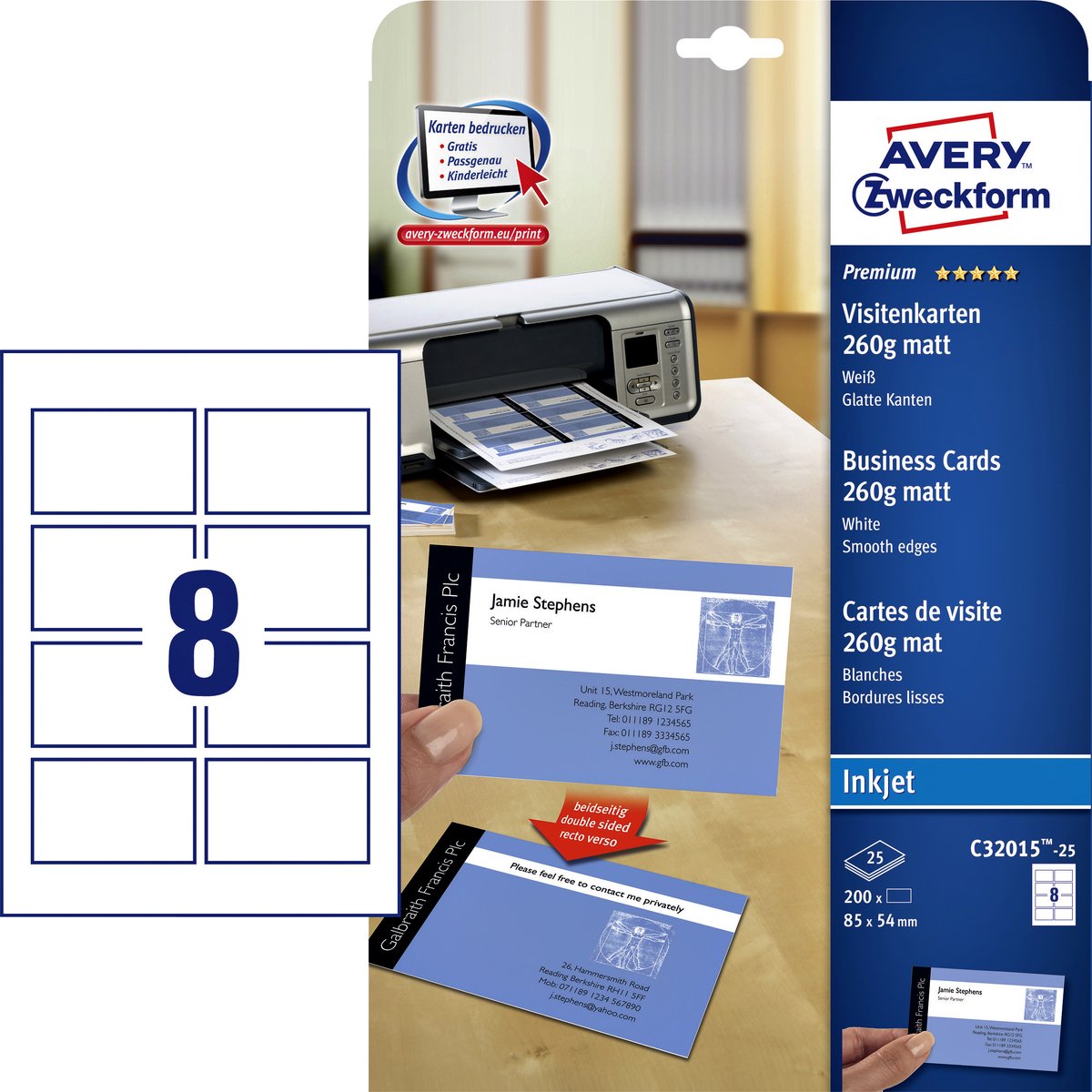 Visitenkarten ohne Marke Sans Marque Private Label Avery C32015-25 matt