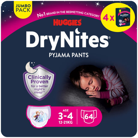 Drynites Huggies Windelhosen – Mädchen – 3 bis 4 Jahre (12–21 kg) – 64 Nachthosen – extra Rabatt