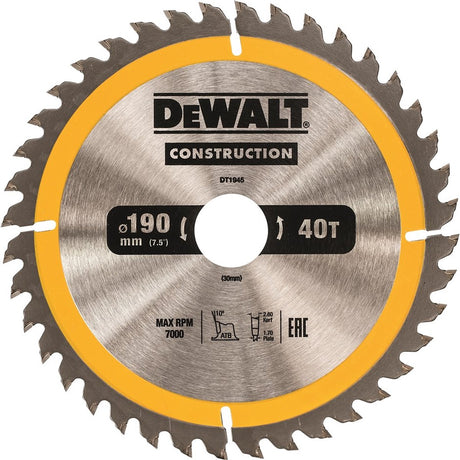 Dewalt Zubehör Kreissägeblatt 190 x 30 x 40 Zähne, positiv 10°, Kerbe 2,6 mm – dt1945-qz