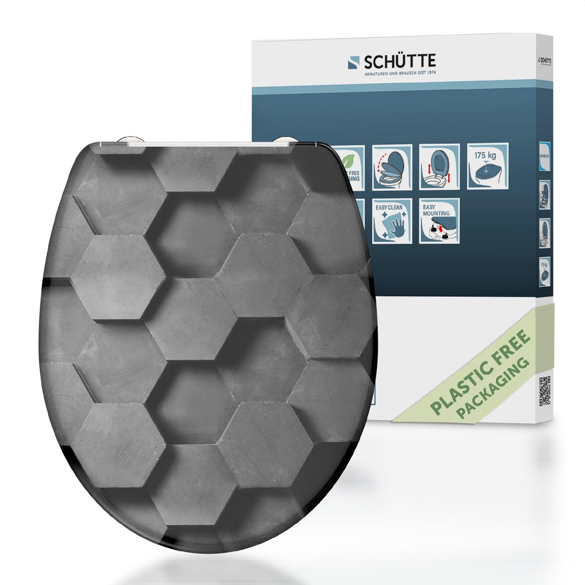 Schütte WC-Sitz 82392 graue Sechsecke – Duroplast – Absenkautomatik – klickbar – Edelstahlscharniere – Belastbarkeit bis 175 kg – Dekor – 3-seitiger Druck