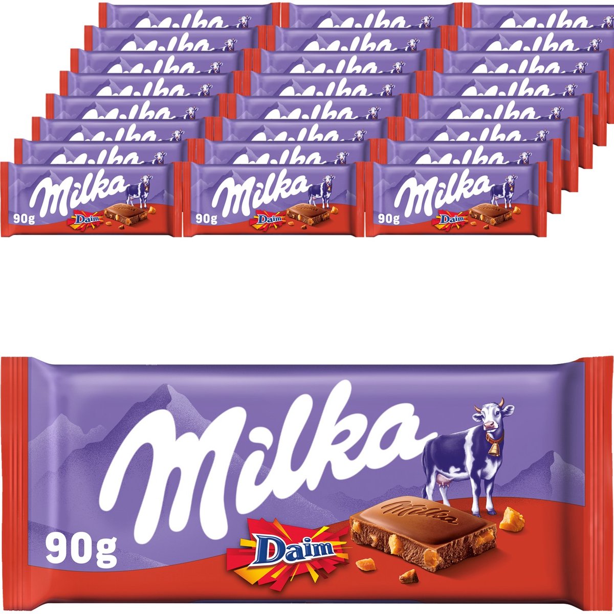 Milka chocolade reep daim - doos 24 x 90g - chocoladerepen en tabletten - voorraad - verjaardag cadeau vrouw of man - geschenkset voor man en vrouw