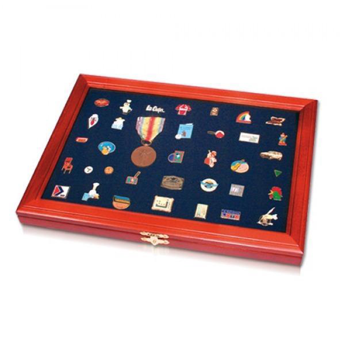 Sichere, elegante Holzvitrine für Anstecknadeln, Medaillen und Knöpfe – 38 x 26 x 3 cm