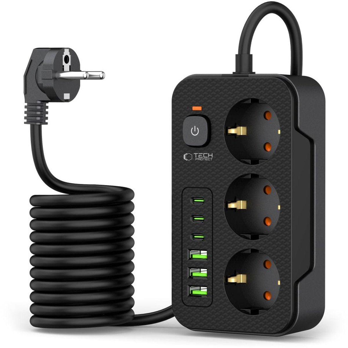 Tech-protect - Steckdosenleiste mit 3 USB C und 3 USB A - Ein-Aus-Schalter - 3 Steckdosen - Schwarz