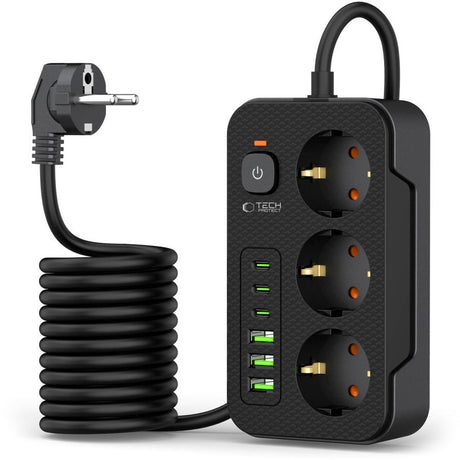Tech-protect - Steckdosenleiste mit 3 USB C und 3 USB A - Ein-Aus-Schalter - 3 Steckdosen - Schwarz