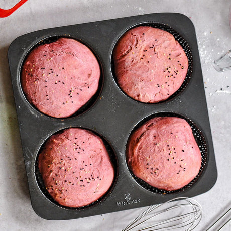 Westmark Burgerbrötchen-Backform, für 4 Burgerbrötchen, je ø 12 cm, Stahl, antihaftbeschichtet, groß, anthrazit, 32702260