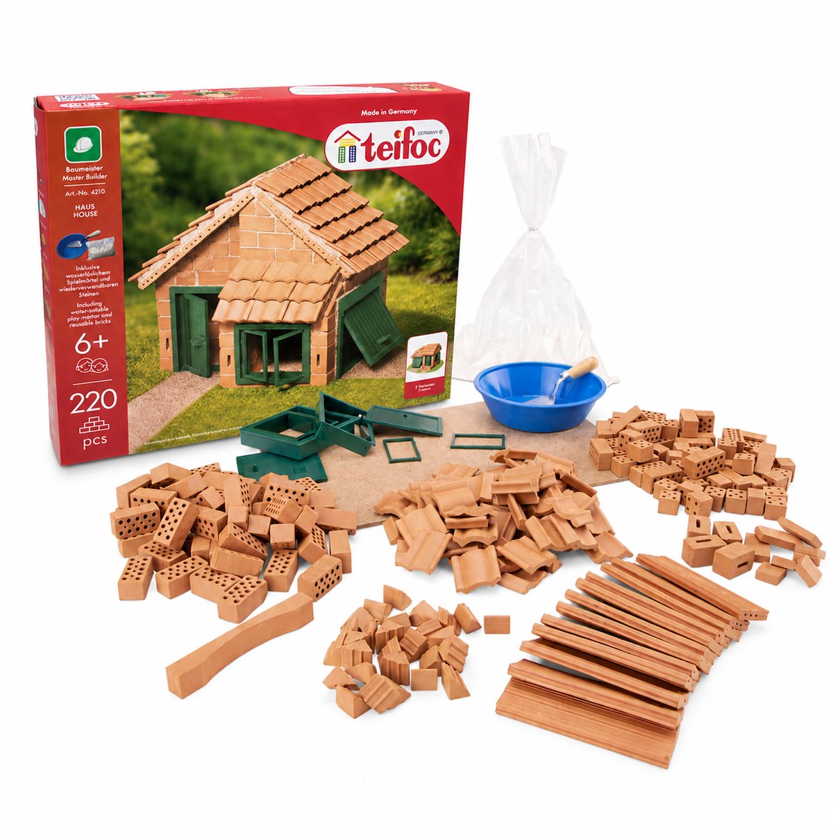 Teifoc ® bouwdoos – huis met dakpannen – 200 onderdelen – echte mini bakstenen met cement, kom en troffel – bouwpakket voor kinderen vanaf 6 jaar